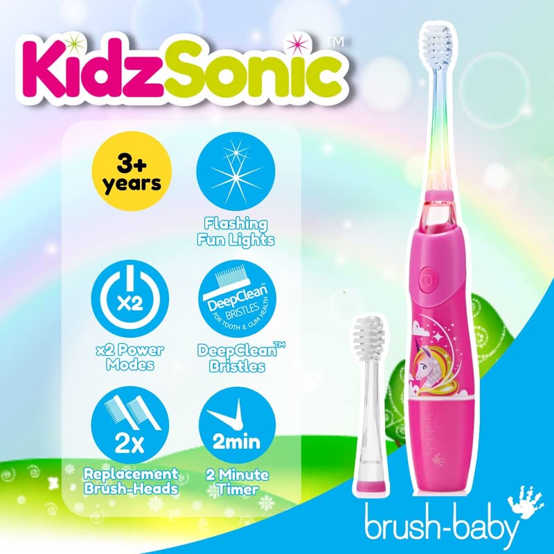 brush-baby - KidzSonic Unicorn Kids Electric Toothbrush, Ages 3+ Years - DeepClean Bristles, Suction Base - Fun Design with Flashing Lights - 2 x Replacement Heads & 1 x AAA Battery - Image 2