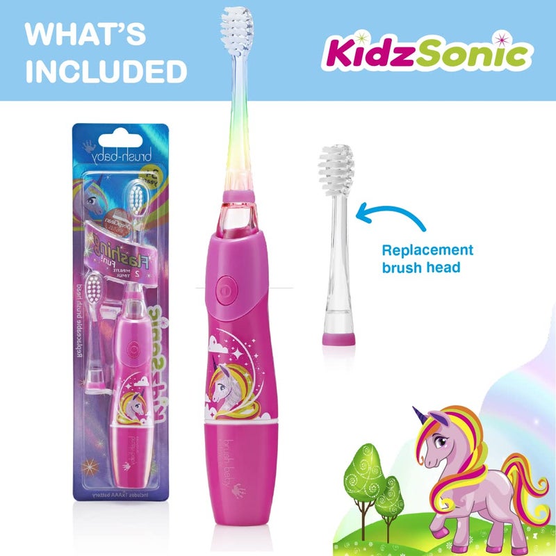 brush-baby - KidzSonic Unicorn Kids Electric Toothbrush, Ages 3+ Years - DeepClean Bristles, Suction Base - Fun Design with Flashing Lights - 2 x Replacement Heads & 1 x AAA Battery - Image 5