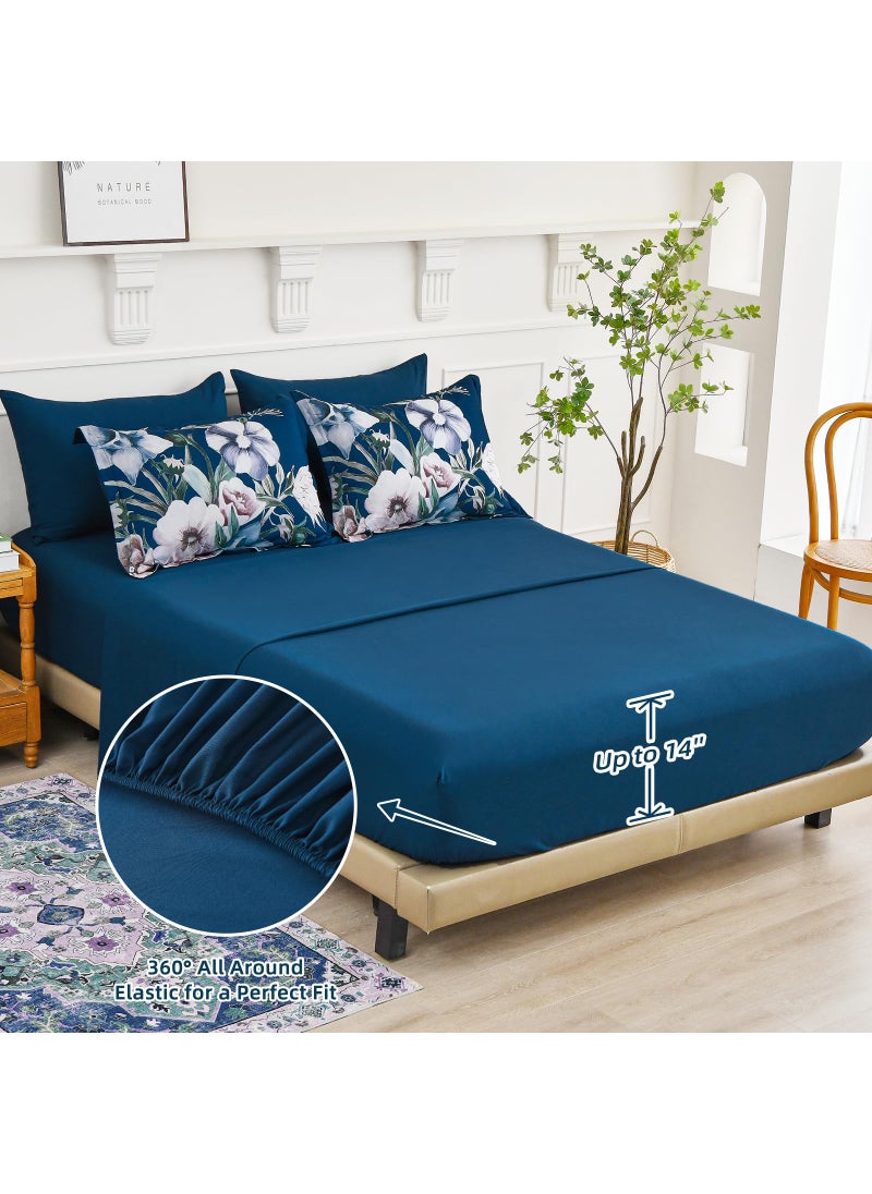 Luxudecor Luxudecor Floral Comforter Set King Size 7 Piece  Navy Flower Bed in a Bag  Elegant Comforter Bedding Set for All Season (Navy  104""x90"")  - Image 4