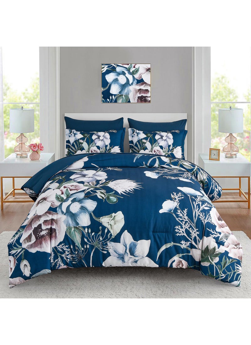 Luxudecor Luxudecor Floral Comforter Set King Size 7 Piece  Navy Flower Bed in a Bag  Elegant Comforter Bedding Set for All Season (Navy  104""x90"")  - Image 1