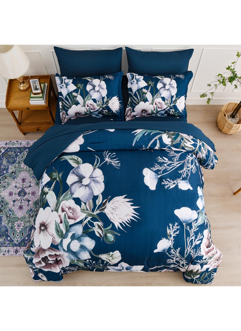 Luxudecor Luxudecor Floral Comforter Set King Size 7 Piece  Navy Flower Bed in a Bag  Elegant Comforter Bedding Set for All Season (Navy  104""x90"")  - Image 3