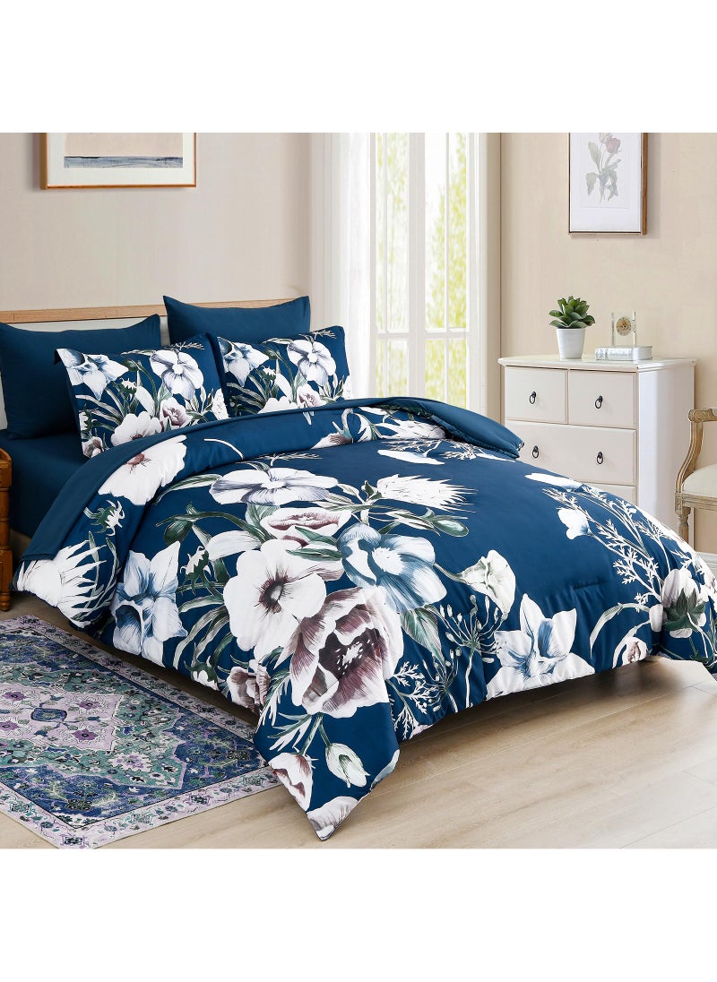 Luxudecor Luxudecor Floral Comforter Set King Size 7 Piece  Navy Flower Bed in a Bag  Elegant Comforter Bedding Set for All Season (Navy  104""x90"")  - Image 2