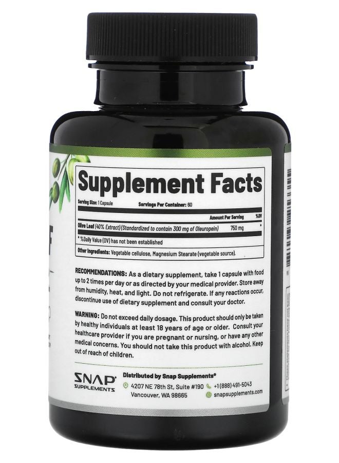 SNAP SUPPLEMENTS Olive Leaf Maximum Strength 750 mg 60 Capsules - Image 2