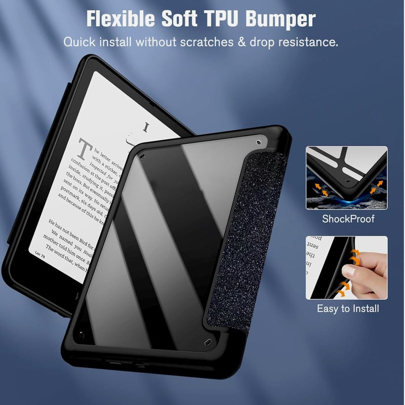 Moca حافظة لجهاز كيندل بيبر وايت 7 إنش الجيل 12 2024 وإصدار التوقيع، غلاف خلفي شفاف رفيع مقاوم للصدمات، حافظة واقية مع خاصية النوم/الاستيقاظ التلقائي (أسود لامع) - Image 4