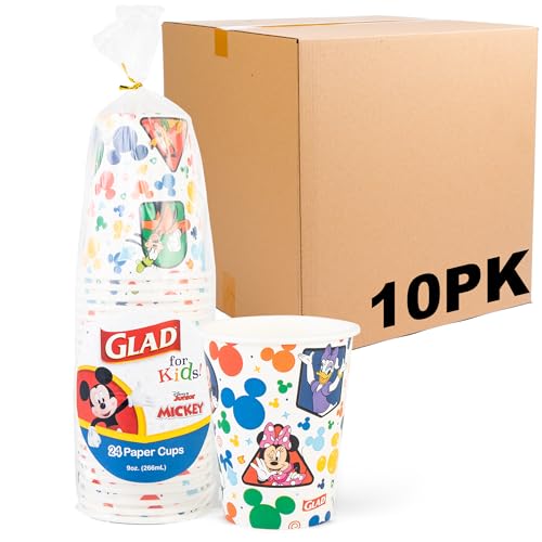 Glad for Kids Disney Mickey and Friends Disposable Paper Cups Mickey Mouse Heavy Duty SoakProof KidFriendly Drinking Cups Great for Everyday Meals and Snacks 9 oz 24 Count 10 Pack - Image 1