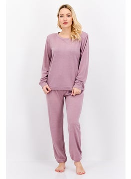 Women 2 Pieces Plain Long Sleeves Pyjama Set, Purple