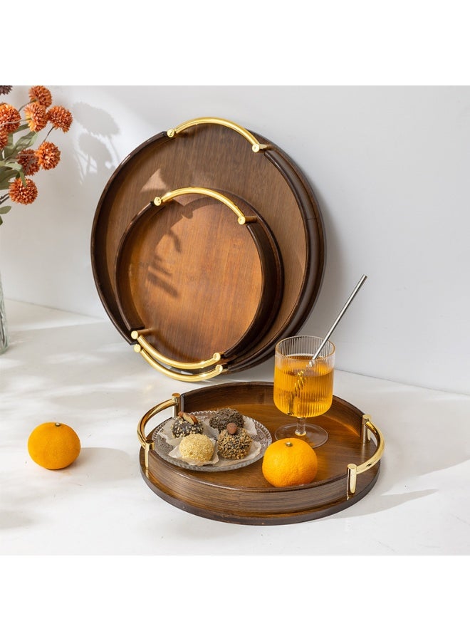 أجريون 3PCSمجموعة صواني تقديم مستديرة بنية من خشب الخيزران بمقابض، مع صواني أوتومان دائرية قابلة للترصيف لتناول الطعام والترفيه والتزيين والتنظيم. - Image 3