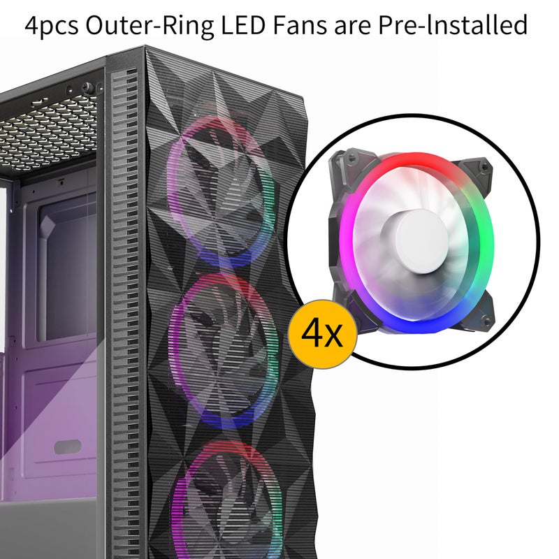 MOROVOL PC Case Pre-Install 4 RGB Fans, ATX Gaming Computer Case with Diamond-Shaped Mesh Front & Tempered Glass Side Panel, USB 3.0 Airflow Mid Tower case,621-B - Image 2