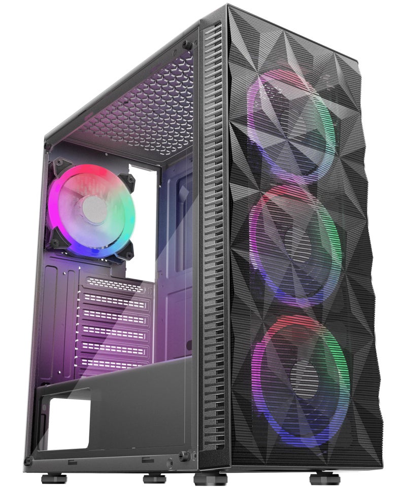 MOROVOL PC Case Pre-Install 4 RGB Fans, ATX Gaming Computer Case with Diamond-Shaped Mesh Front & Tempered Glass Side Panel, USB 3.0 Airflow Mid Tower case,621-B - Image 1