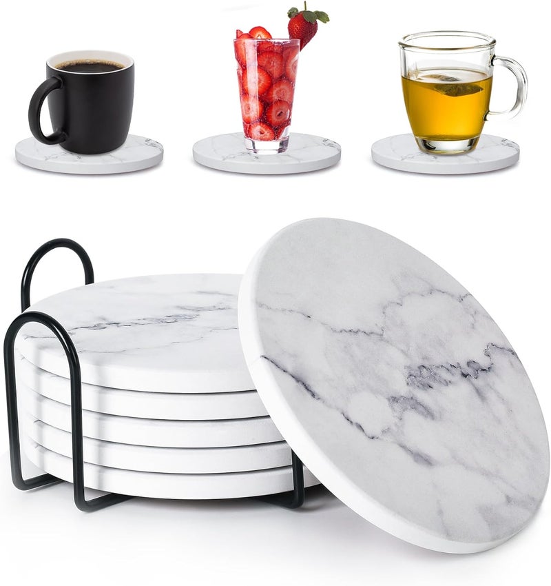 Qeedy 6 Pcs Coasters for Drinks, Absorbent Ceramic Stone Coaster with Metal Holder Set, Durable Round Bar Coaster with Cork Base for Table Protection, Housewarming Gifts, Home Decor (White Marble, 4 Inch) - Image 1
