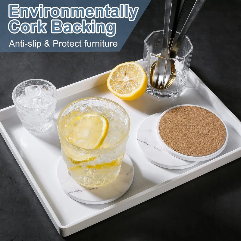 Qeedy 6 Pcs Coasters for Drinks, Absorbent Ceramic Stone Coaster with Metal Holder Set, Durable Round Bar Coaster with Cork Base for Table Protection, Housewarming Gifts, Home Decor (White Marble, 4 Inch) - Image 4