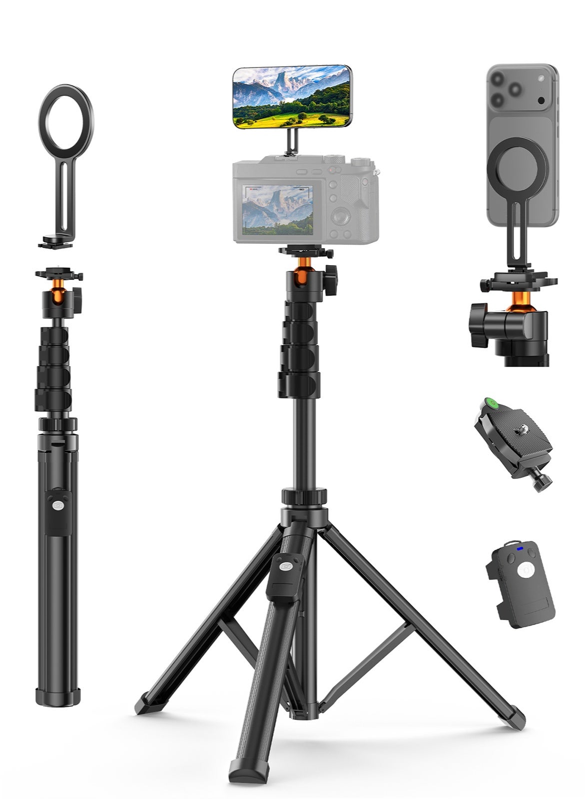 TONEOF 173cm Upgraded Magnetic Phone Camera Tripod Stand with Remote & Phone Holder, Tripod for Travel/Video Recording,Tall Smartphone Tripod Compatible with iPhone/Android/Projector/Photography Light/Camera