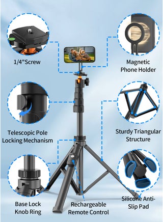 173cm Upgraded Magnetic Phone Camera Tripod Stand with Remote & Phone Holder, Tripod for Travel/Video Recording,Tall Smartphone Tripod Compatible with iPhone/Android/Projector/Photography Light/Camera - view 5