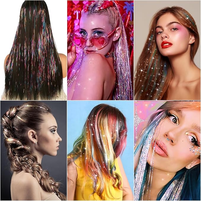 Huiguli 14 Colors 4200 Strands Hair Tinsel 355 Inches Hair Glitter Strands Shiny Colorful Straight Hair Extensions for Women Girls Party Cosplay Rainbow Hair Tinsel Kit No Tools