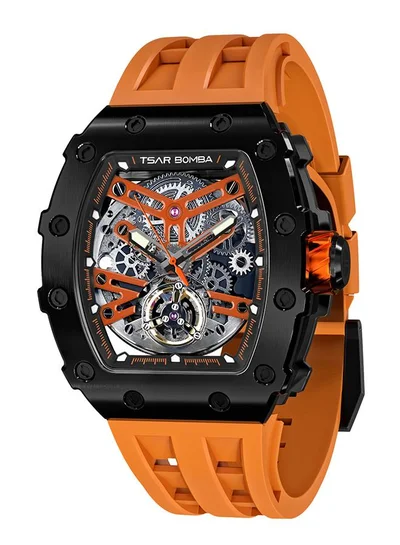 TSAR BOMBA Elemental Series 43mm Automatic Men's Watch with Orange Silicone Strap