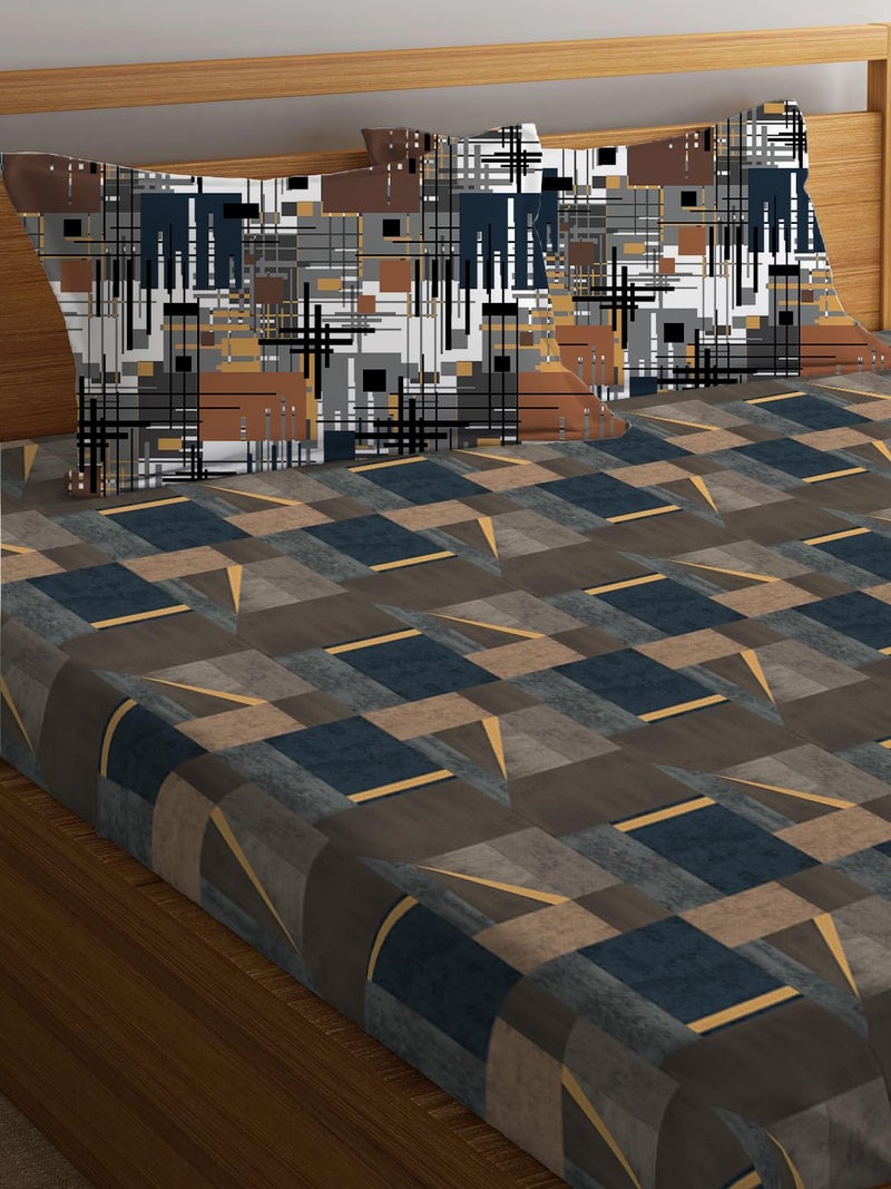 LOOMLYFE 300 TC Cotton Feel Glace Cotton Elastic Fitted Printed Super King Size Bedsheet with 2 Pillow Covers Fits Upto 12 inches Mattress,Size- 72X78 Inches, CoffeeBlueBox - Image 2