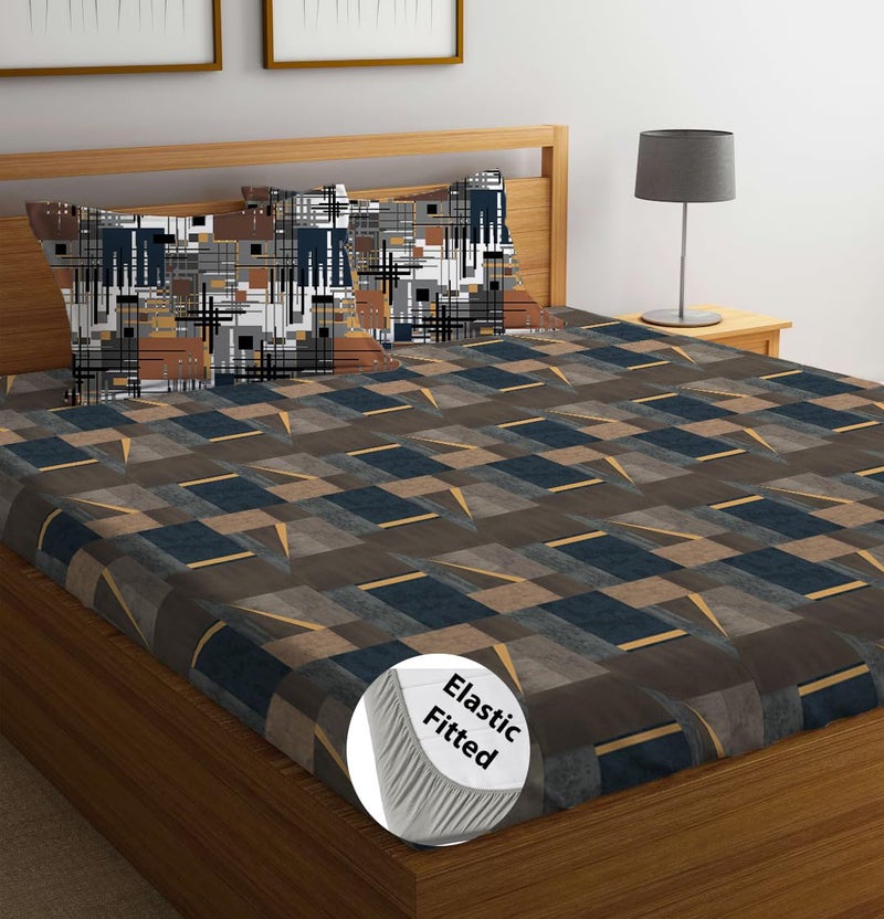LOOMLYFE 300 TC Cotton Feel Glace Cotton Elastic Fitted Printed Super King Size Bedsheet with 2 Pillow Covers Fits Upto 12 inches Mattress,Size- 72X78 Inches, CoffeeBlueBox - Image 1