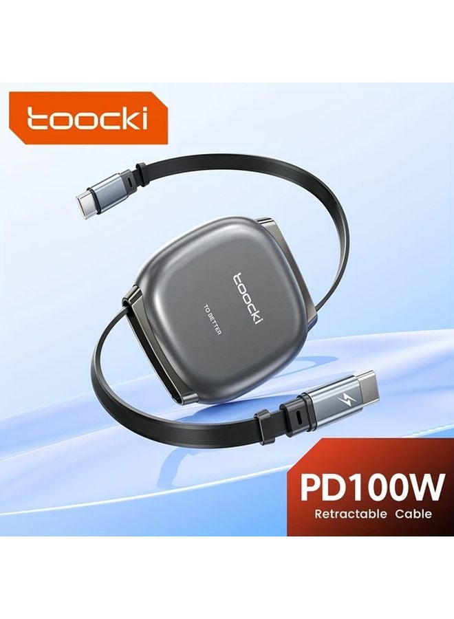 Gray Toocki 100W Fast Charge Retractable Type C Cable for Huawei Xiaomi - Image 1