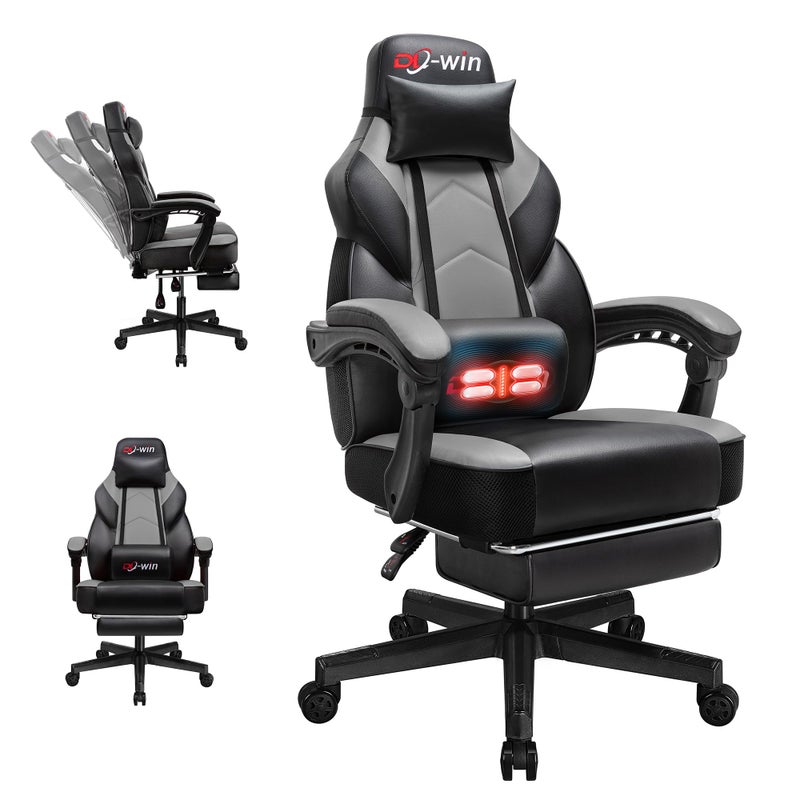 DLwin Gaming Chairs for Adults Computer Chair with Footrest and High Back Big and Tall Gamer Chairs with Massage Lumbar Support 360 Swivel Height Adjustable Gaming Chair Grey