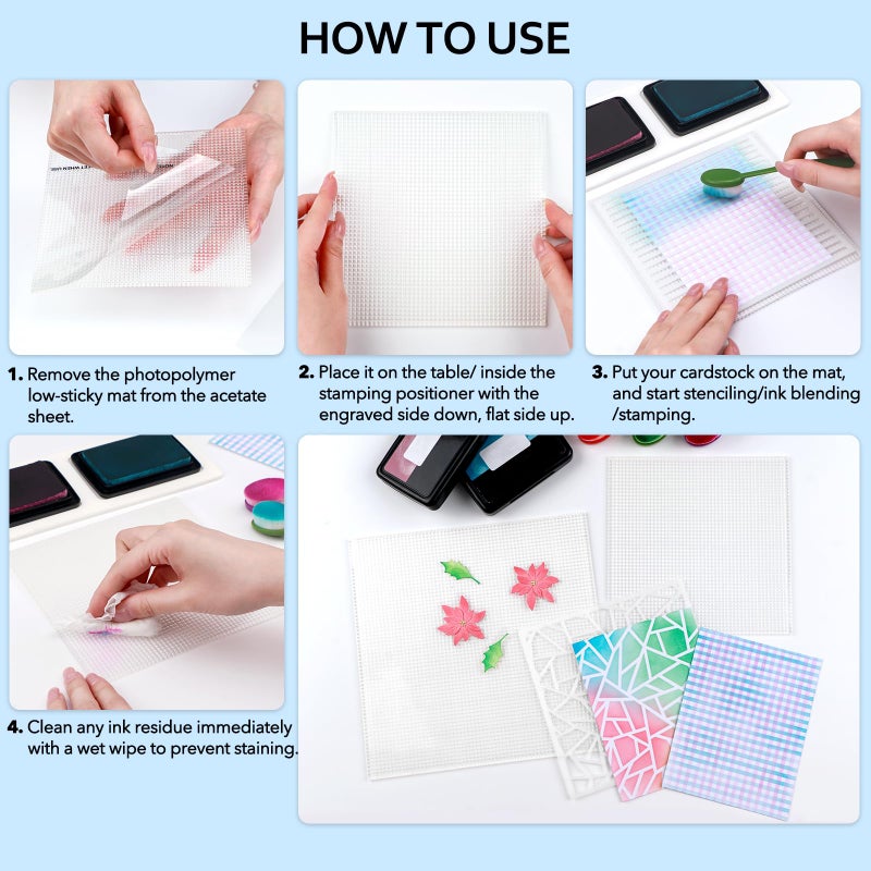 BAOFALI 8.25x8.25inch Low Tack Sticky Mat with Grid for Stamping Stenciling Ink Blending Clear Photopolymer Craft Low Tacky Mat Stamp Mat and Fixed Stamp Blending DIY Projects Paper Card Scrapbooking - Image 5