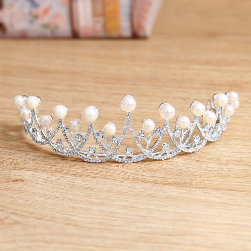 PEORA Silver Plated Cubic Zirconia & Pearl Studded Princess Tiara Crown Hair Accessory for Girls & Women - Image 2