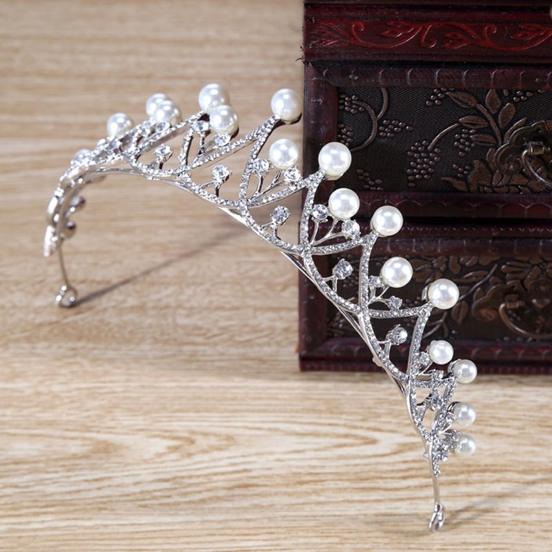 PEORA Silver Plated Cubic Zirconia & Pearl Studded Princess Tiara Crown Hair Accessory for Girls & Women - Image 4
