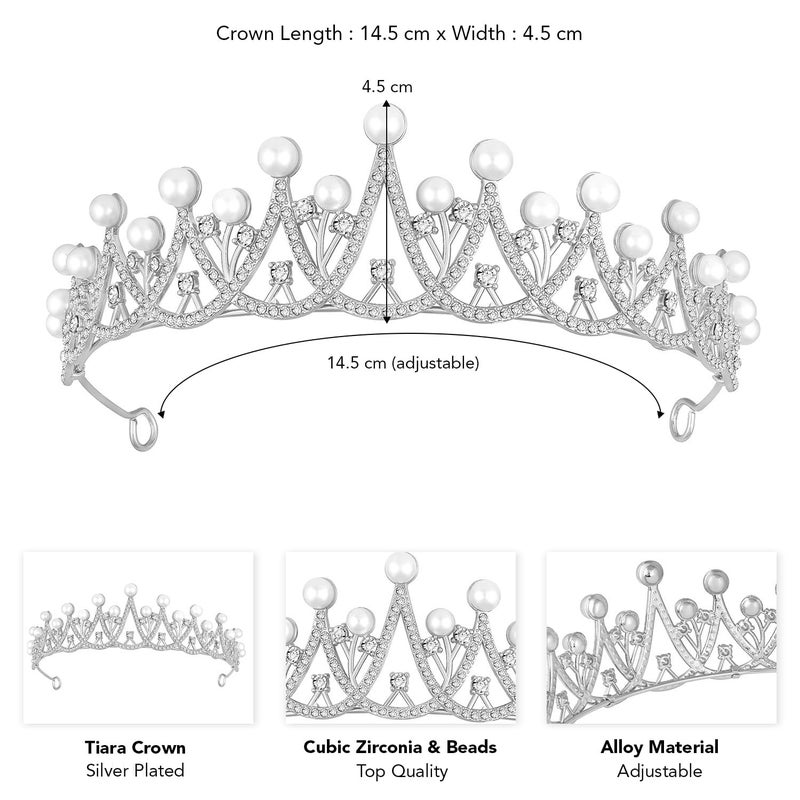 PEORA Silver Plated Cubic Zirconia & Pearl Studded Princess Tiara Crown Hair Accessory for Girls & Women - Image 3