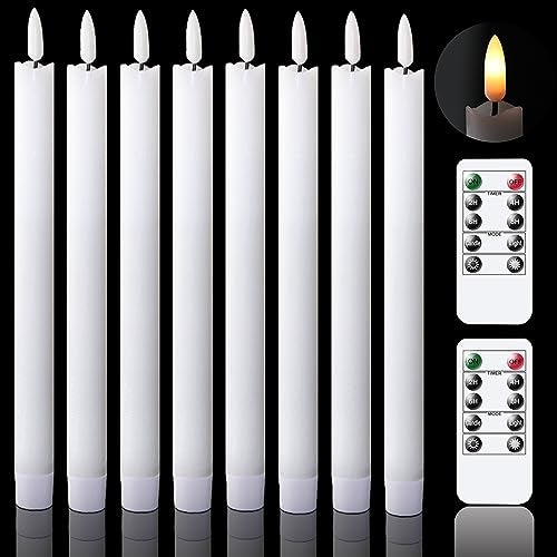 GenSwin Flameless Flickering Taper Candles with 2 Remote Controls and Timer, Real Wax 3D Wick Light Window Candles Battery Operated Pack of 8, Christmas Home Wedding Decor(White, 0.78 X 9.64 Inch) - Image 1