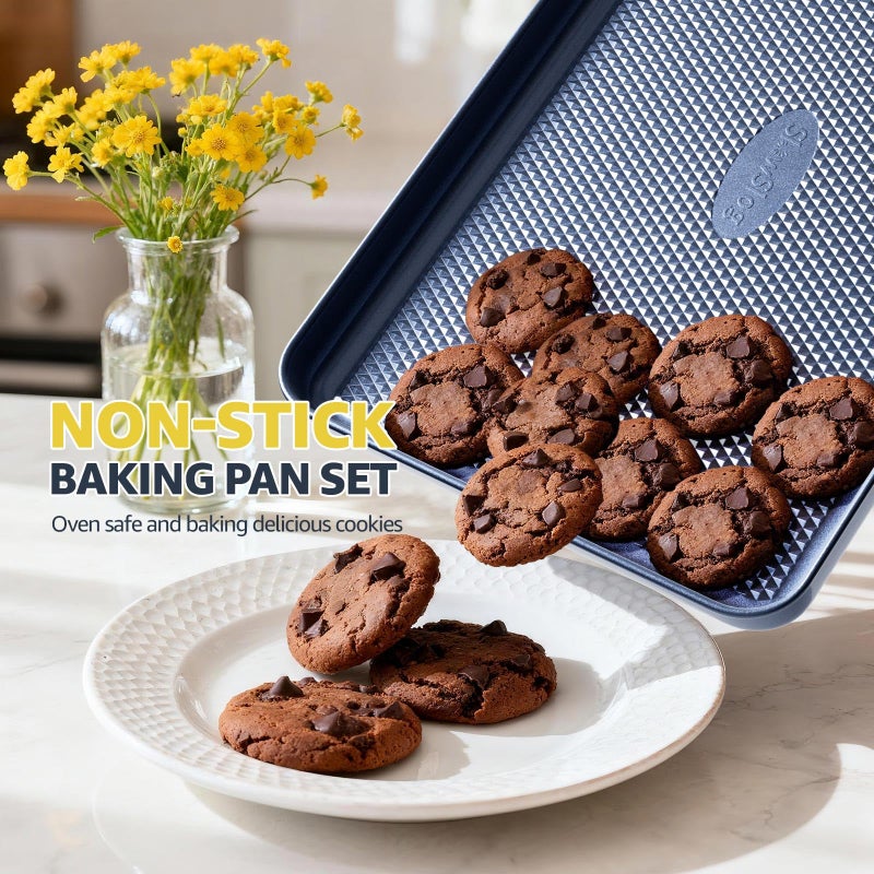 Slow Slog 3Pcs Nonstick Baking Sheet, Baking Sheet Pan Set, Jelly Roll Pans, Cookies Sheet for Baking, Cookie Sheet Pan with Diamond Texture, Blue - Image 3
