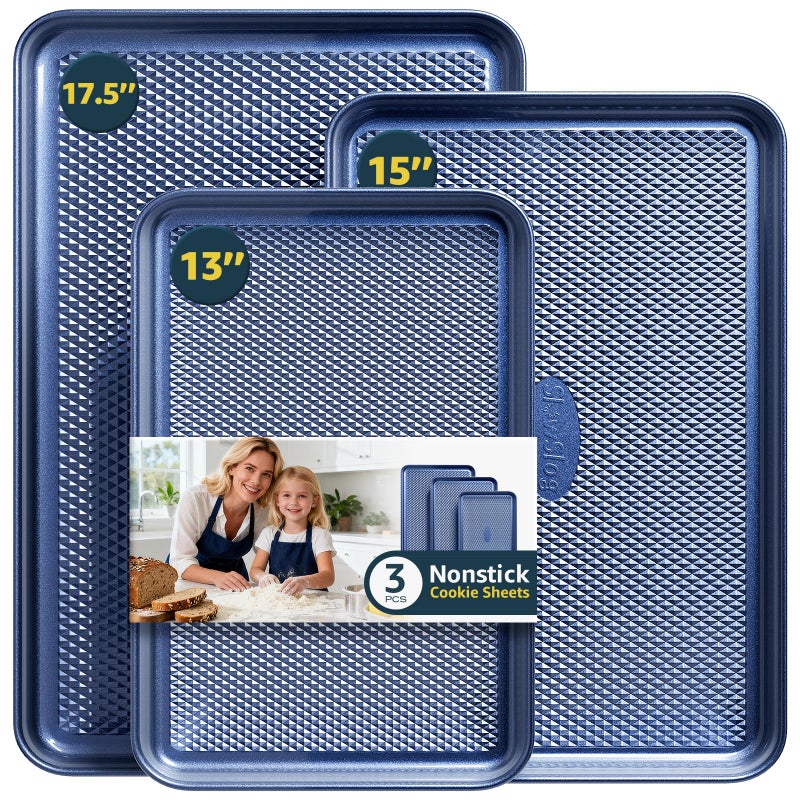 Slow Slog 3Pcs Nonstick Baking Sheet, Baking Sheet Pan Set, Jelly Roll Pans, Cookies Sheet for Baking, Cookie Sheet Pan with Diamond Texture, Blue - Image 1