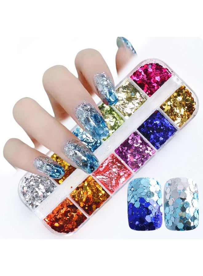 Onsdag Nail Art Glitter Foils, Holographic Laser Sparkly Nail Art Flakes Sequins, 12 Colors Ultra-Thin Aluminum Nail Art Foil Design Supplies for Women Manicure Shiny Decorations, DIY Resin Nail Accessories - Image 1