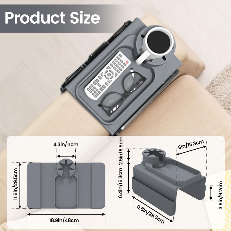 PANZIYU Couch Cup Holder Tray, Silicone Sofa Armrest Organizer with Assesory Pockets for Storage Remotes, Cell-Phone,Tablet or Snack, Anti-Spill and Anti-Slip Couch Cup Holder for Drink (Gray) - Image 2