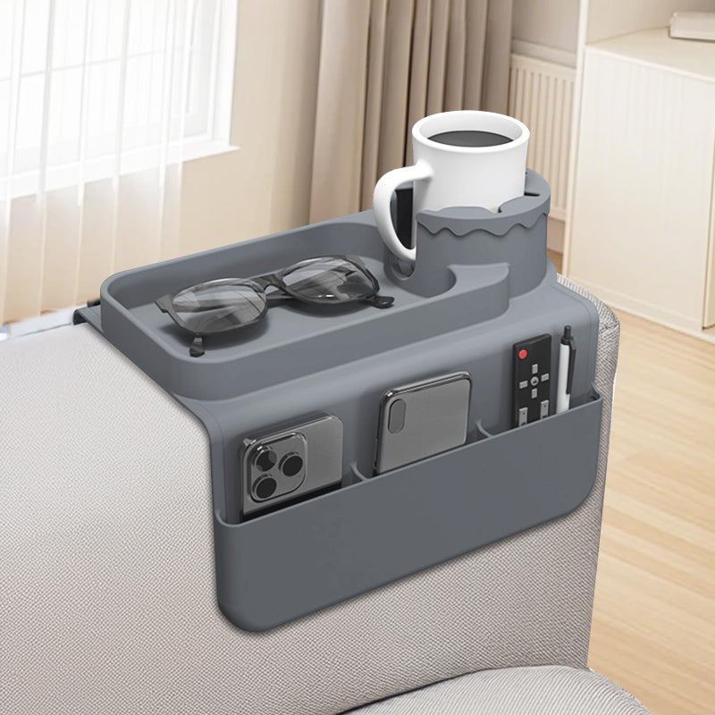 PANZIYU Couch Cup Holder Tray, Silicone Sofa Armrest Organizer with Assesory Pockets for Storage Remotes, Cell-Phone,Tablet or Snack, Anti-Spill and Anti-Slip Couch Cup Holder for Drink (Gray) - Image 1