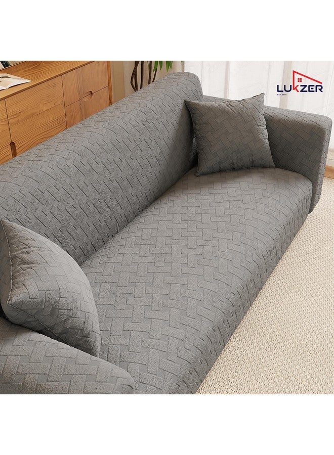 Lukzer غطاء أريكة لوكزر 3 مقاعد بنمط سلة رمادي داكن باهت | 240 جرام لكل متر مربع قماش جاكار مرن عالمي | غطاء أريكة مضاد للانزلاق وقابل للغسل (180-230 سم/SC-111-03) - Image 3