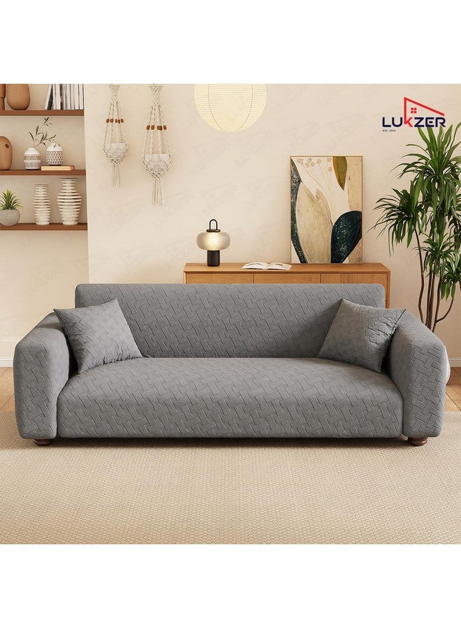 Lukzer غطاء أريكة لوكزر 3 مقاعد بنمط سلة رمادي داكن باهت | 240 جرام لكل متر مربع قماش جاكار مرن عالمي | غطاء أريكة مضاد للانزلاق وقابل للغسل (180-230 سم/SC-111-03) - Image 4