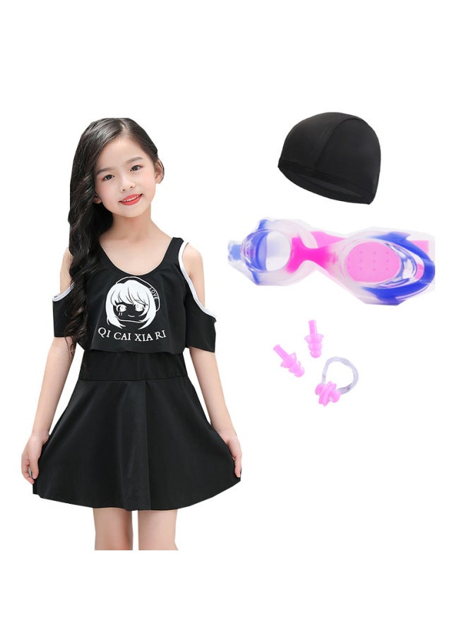Loquat Korean Style Small Fresh Children's Swimsuit Cute Cartoon Flounced Skirt Girls' Swimsuit-Color:Black Six-piece Set- - Image 1