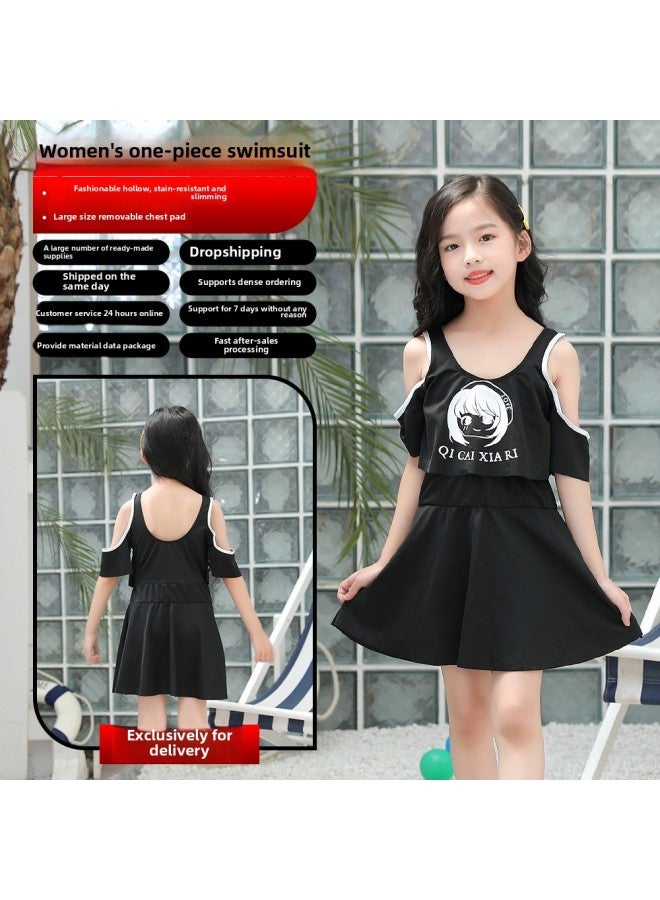 Loquat Korean Style Small Fresh Children's Swimsuit Cute Cartoon Flounced Skirt Girls' Swimsuit-Color:Black Six-piece Set- - Image 2