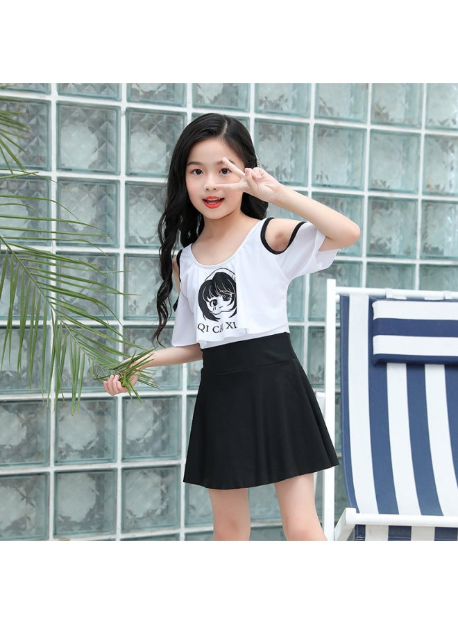 Loquat Korean Style Small Fresh Children's Swimsuit Cute Cartoon Flounced Skirt Girls' Swimsuit-Color:Black Six-piece Set- - Image 4