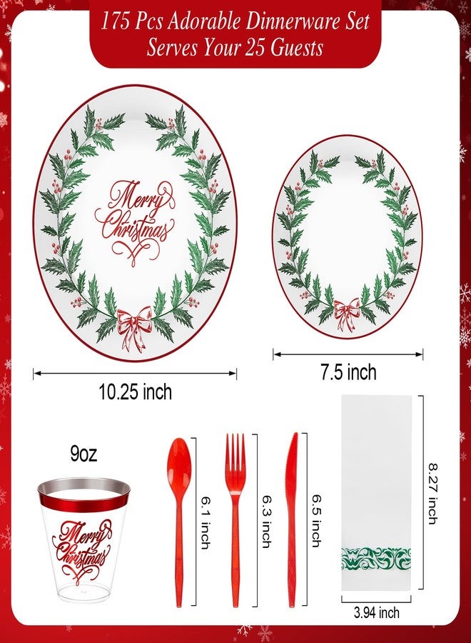 Layhit 175 Pcs Christmas Plastic Plates Set Disposable Christmas Plastic Dinnerware for 25 Guests Disposable Xmas Plates Napkins Cups Silverware for Holiday Party Supplies(Green Red) - Image 2