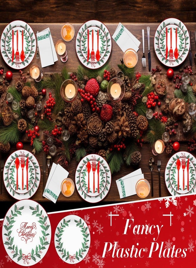 Layhit 175 Pcs Christmas Plastic Plates Set Disposable Christmas Plastic Dinnerware for 25 Guests Disposable Xmas Plates Napkins Cups Silverware for Holiday Party Supplies(Green Red) - Image 4