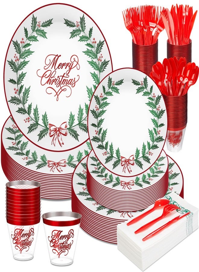 Layhit 175 Pcs Christmas Plastic Plates Set Disposable Christmas Plastic Dinnerware for 25 Guests Disposable Xmas Plates Napkins Cups Silverware for Holiday Party Supplies(Green Red) - Image 1