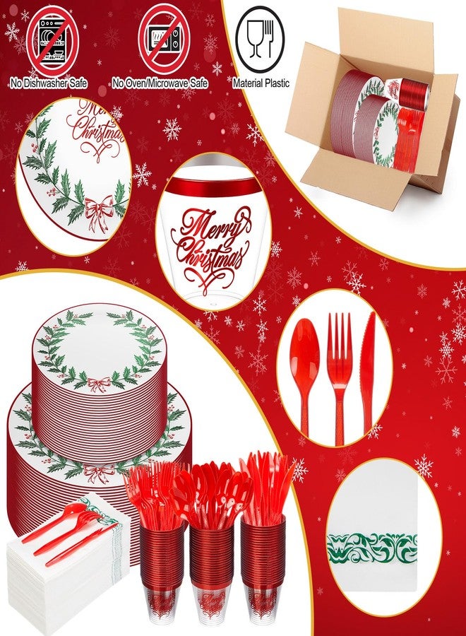 Layhit 175 Pcs Christmas Plastic Plates Set Disposable Christmas Plastic Dinnerware for 25 Guests Disposable Xmas Plates Napkins Cups Silverware for Holiday Party Supplies(Green Red) - Image 3