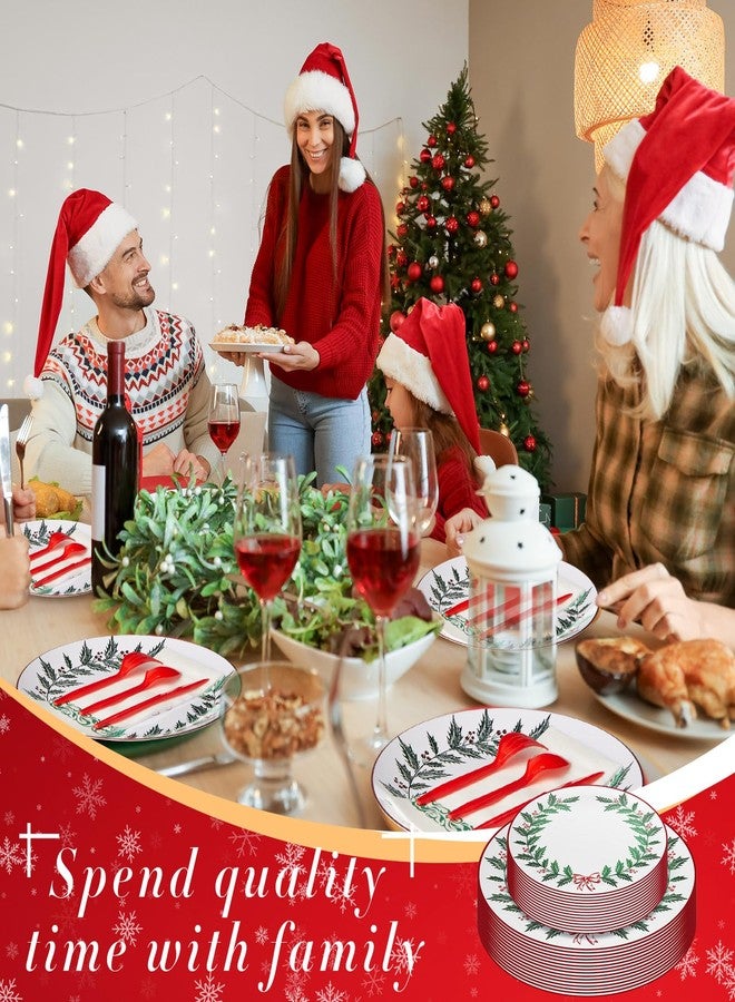 Layhit 175 Pcs Christmas Plastic Plates Set Disposable Christmas Plastic Dinnerware for 25 Guests Disposable Xmas Plates Napkins Cups Silverware for Holiday Party Supplies(Green Red) - Image 5