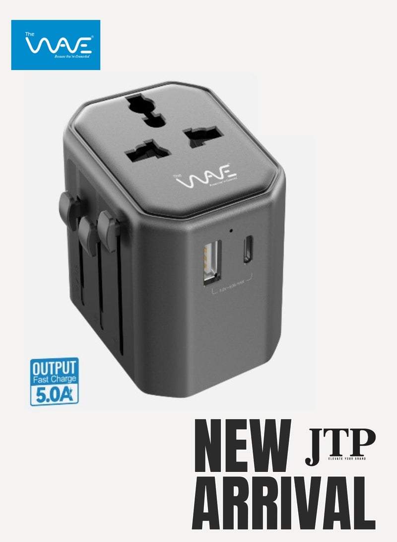 Wave High-Quality Universal Traveler Adapter – 100-250V, Fast USB Output 5.0, DC 10.5W, USB + USB + Type-C Ports – Safe Travel Adapter with one year Warranty- Overvoltage, Heat & EMI Protection - Image 5