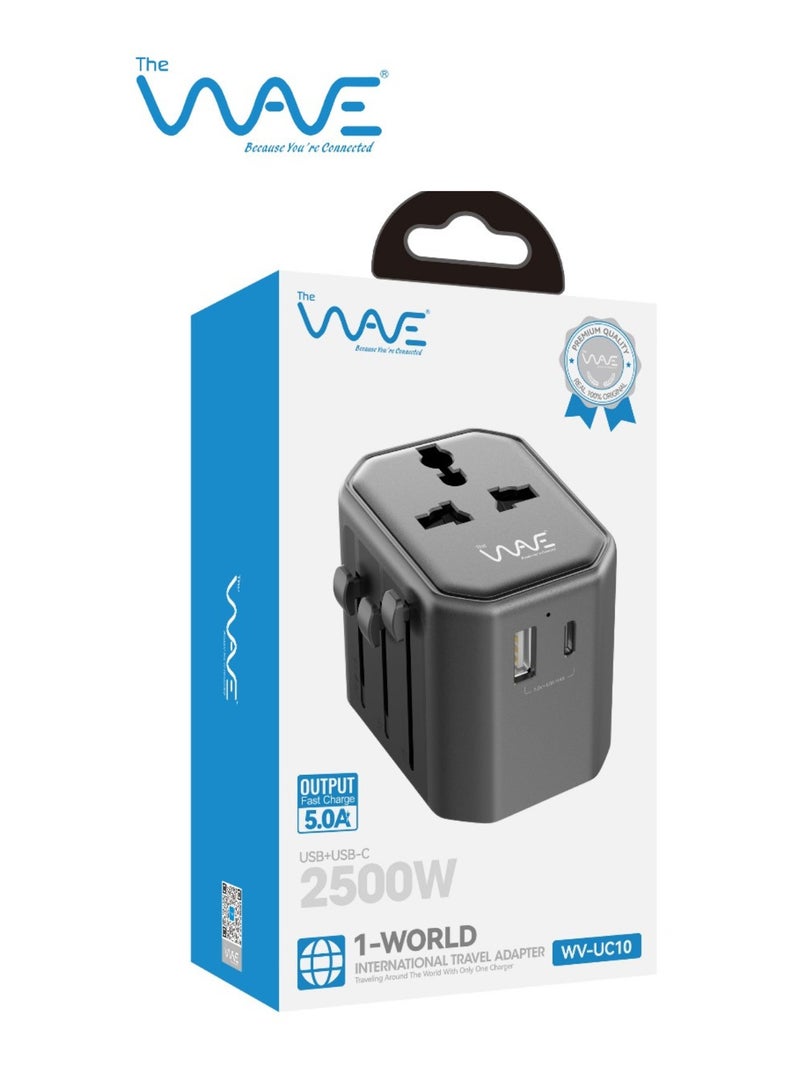 Wave High-Quality Universal Traveler Adapter – 100-250V, Fast USB Output 5.0, DC 10.5W, USB + USB + Type-C Ports – Safe Travel Adapter with one year Warranty- Overvoltage, Heat & EMI Protection - Image 3