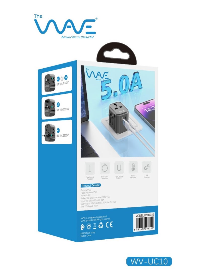 Wave High-Quality Universal Traveler Adapter – 100-250V, Fast USB Output 5.0, DC 10.5W, USB + USB + Type-C Ports – Safe Travel Adapter with one year Warranty- Overvoltage, Heat & EMI Protection - Image 4