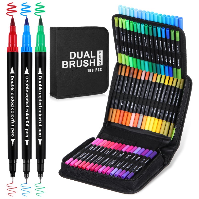 COMNICO Dual Brush Marker Pens, 100 Colors Artist Marker Set with Fine Brush Tip Pen Art Markers for Adults Kids Coloring Books Bullet Journaling Drawing Painting Card Making