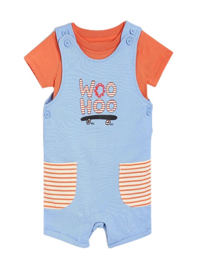 miniklub Cotton Half Sleeves Text Printed Dungaree With Tee - (6-9M) - Image 1