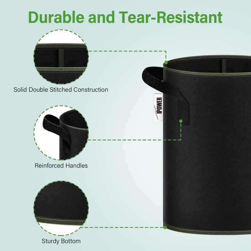 iPower 10 Gallon 10PCS Thickened Grow Bag Nonwoven Fabric Pots with Handles Heavy Duty Aeration Container for Garden and Planting Vegetable Flowers Black with Green Stitch Sewing - Image 3