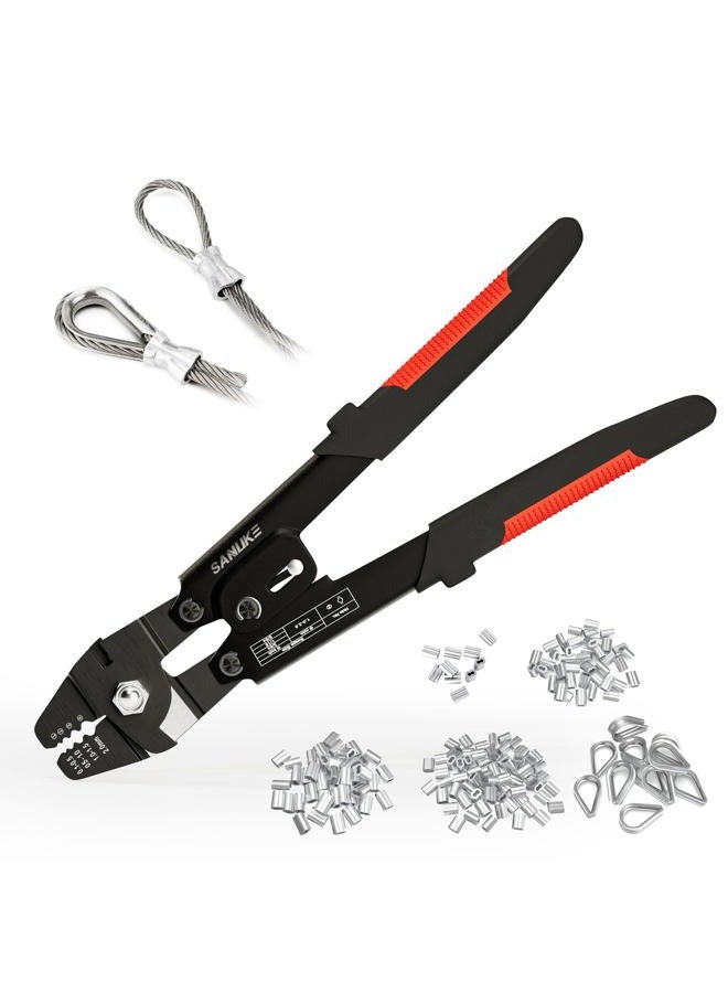 Sanuke Wire Rope Crimping Tool for 3/64 1/16 5/64 inch Aluminum Crimping Loop Sleeves Kit with 160pcs Aluminum Crimping Loop Sleeve and 10pcs Stainless Steel Thimble - Image 1